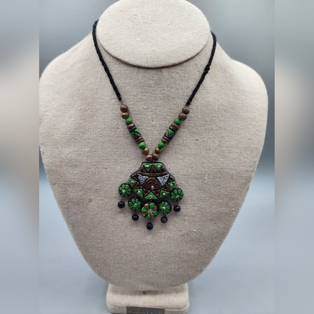 Vintage Handmade Terracotta Green Jewellery Adjustable Necklace‎